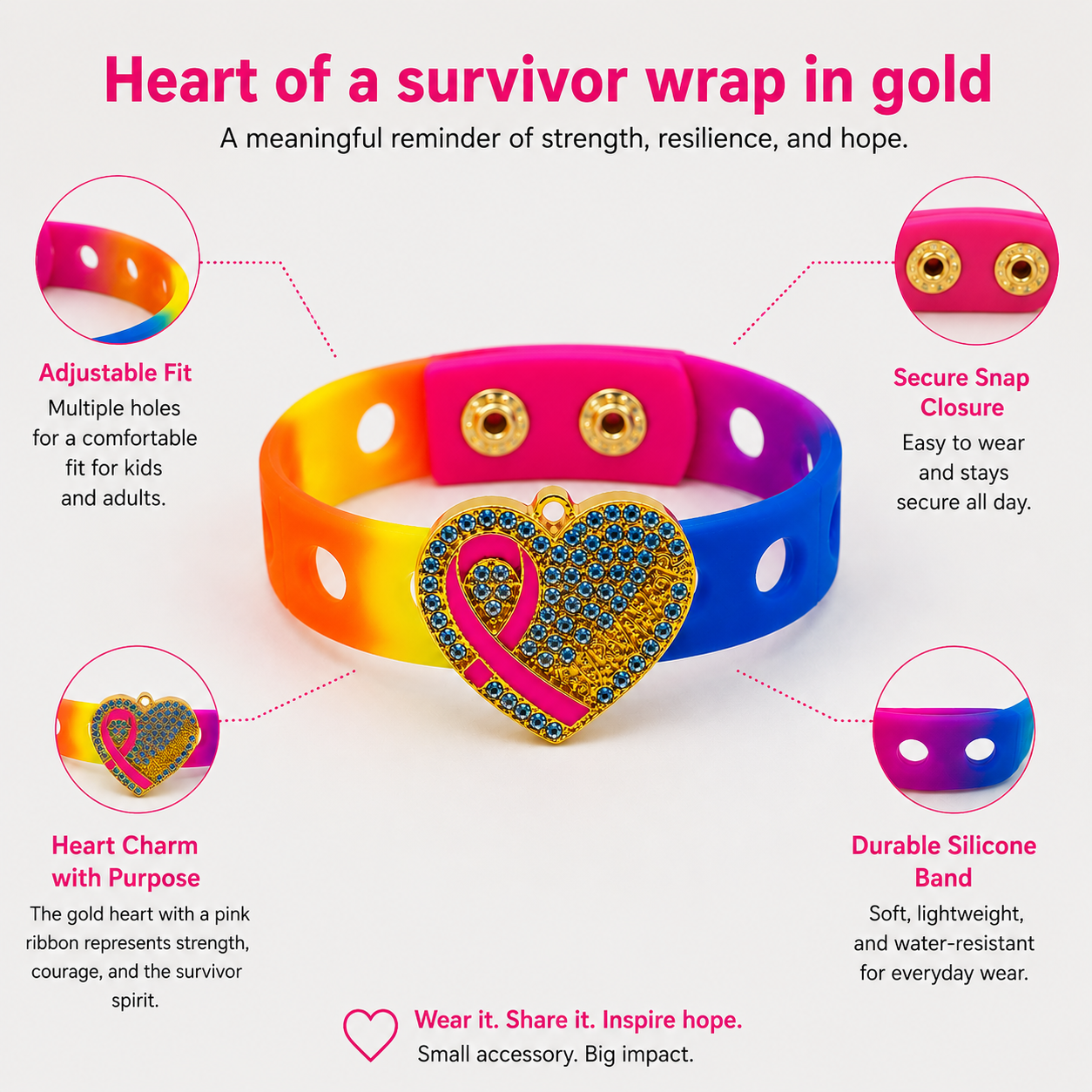 šļø Inspirational breast cancer awareness bracelet featuring a gold heart charm, pink ribbon design, and adjustable silicone wrap for everyday comfort.
