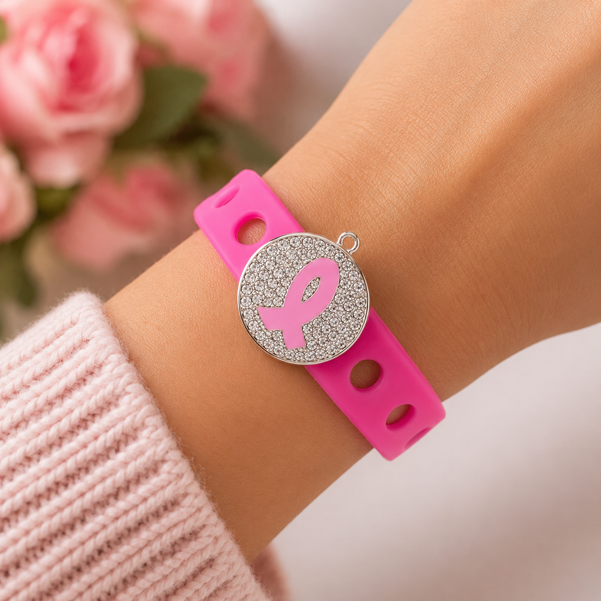 π Stylish breast cancer awareness bracelet featuring a sparkling rhinestone ribbon charm and vibrant pink adjustable silicone band.