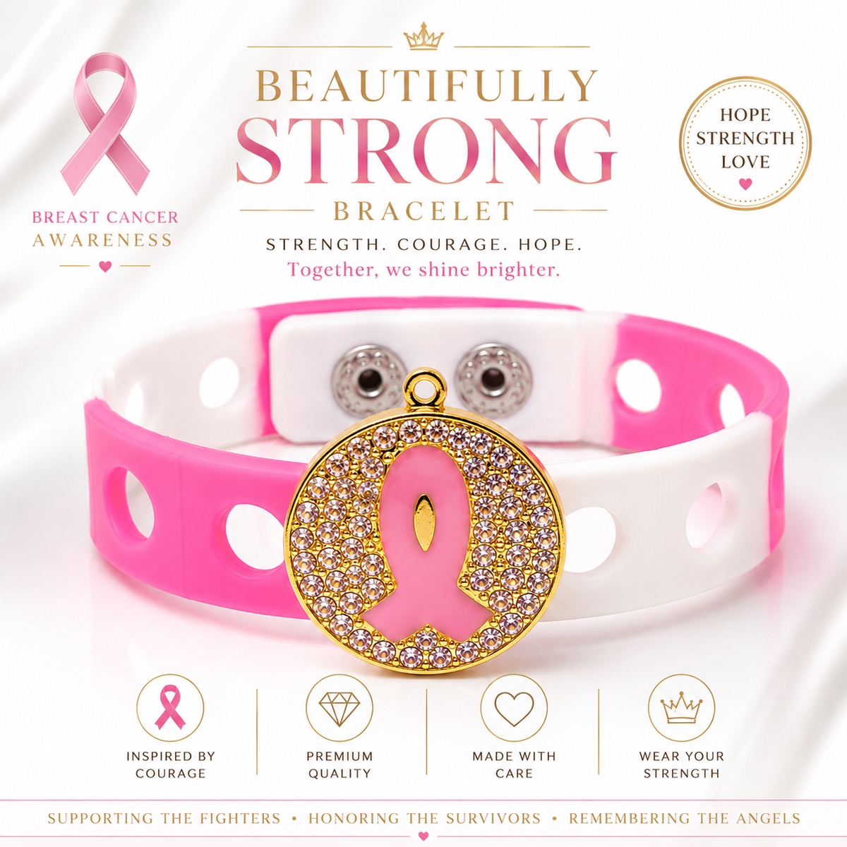 π Elegant pink-and-white breast cancer awareness bracelet featuring a sparkling rhinestone ribbon charm designed to inspire hope, courage, and strength.