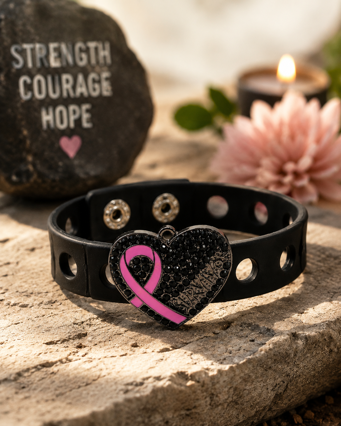π€ Elegant black awareness bracelet featuring a sparkling rhinestone heart charm and pink ribbon design. Stylish, meaningful, and perfect for everyday support and inspiration.