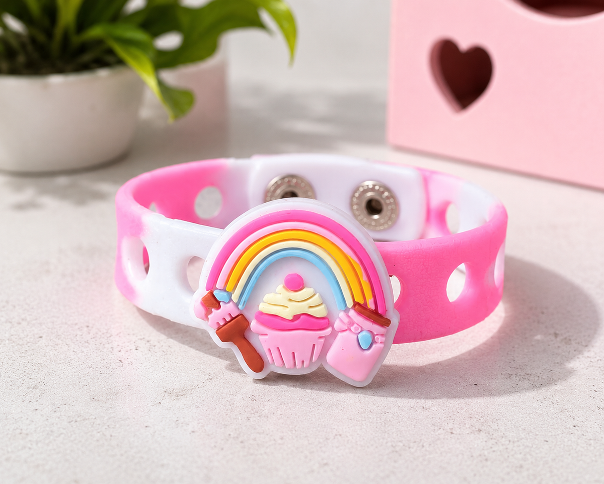 π Sweet rainbow and cupcake charm bracelet with an adjustable band. Perfect for birthdays, gifts, party favors, and everyday fun.