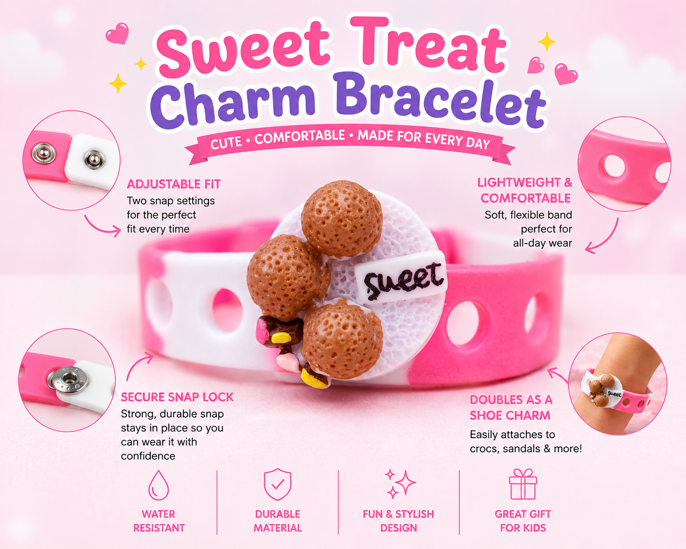 π¬ Adorable pink charm bracelet with adjustable silicone band perfect for kids, gifts, kawaii fashion & everyday cute style πβ¨
