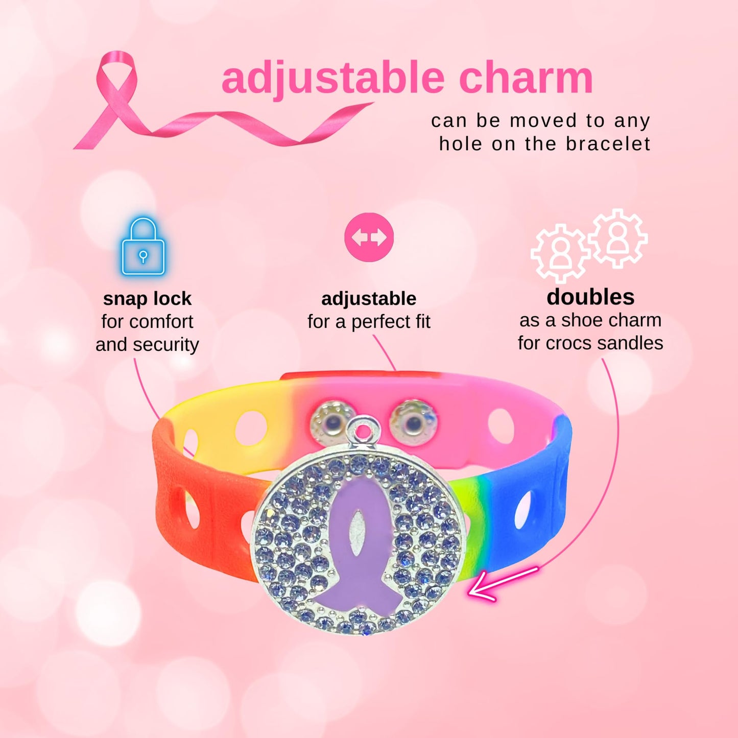 I Believe Purple Ribbon Charm Bracelet(Rainbow)