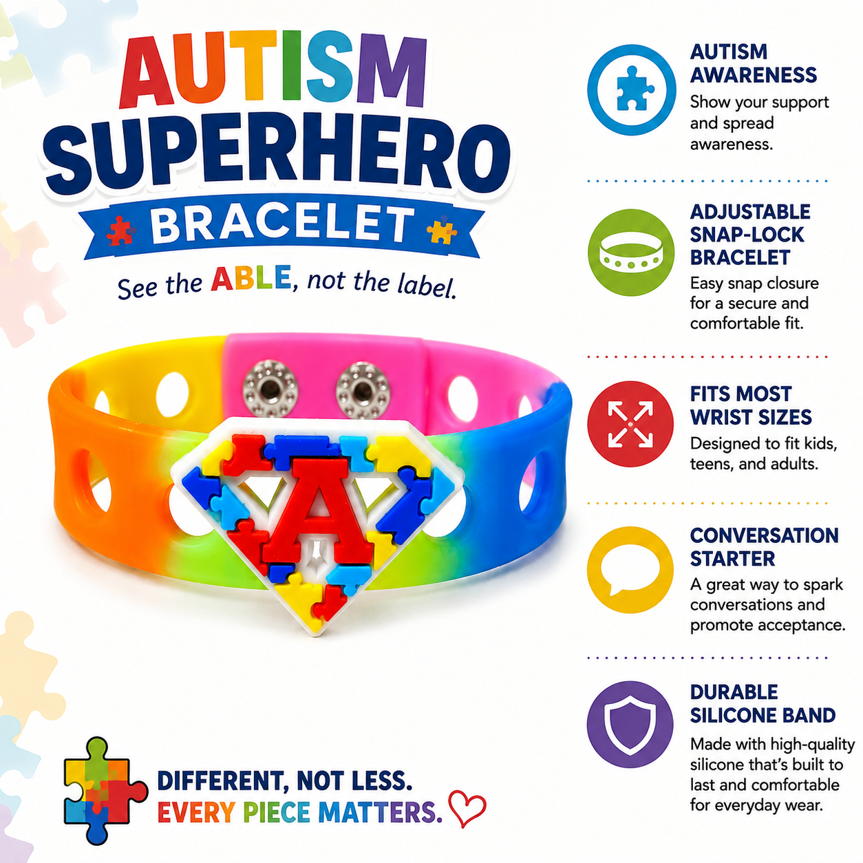 Celebrate autism awareness and acceptance with the Autism Superhero Bracelet. Features a colorful puzzle-piece emblem, rainbow band, and adjustable snap-lock fit.