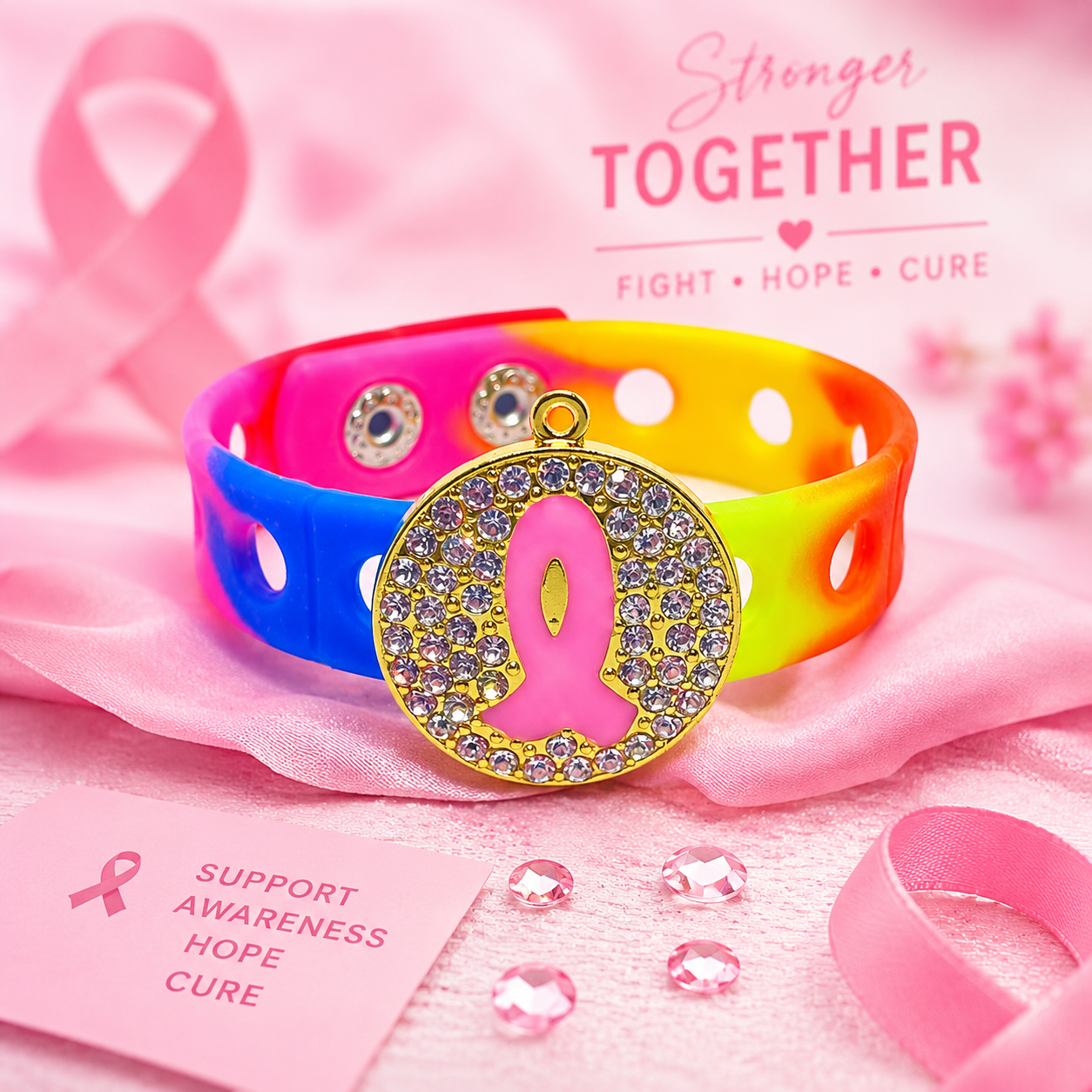 🎀 Vibrant breast cancer awareness bracelet featuring a sparkling pink ribbon charm on a colorful silicone band designed to inspire hope, strength, and support.