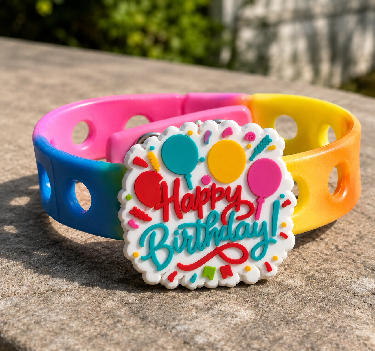 🎉 Colorful birthday bracelet featuring a fun “Happy Birthday!” charm and vibrant rainbow band. Perfect for gifts 🎁 and party celebrations.