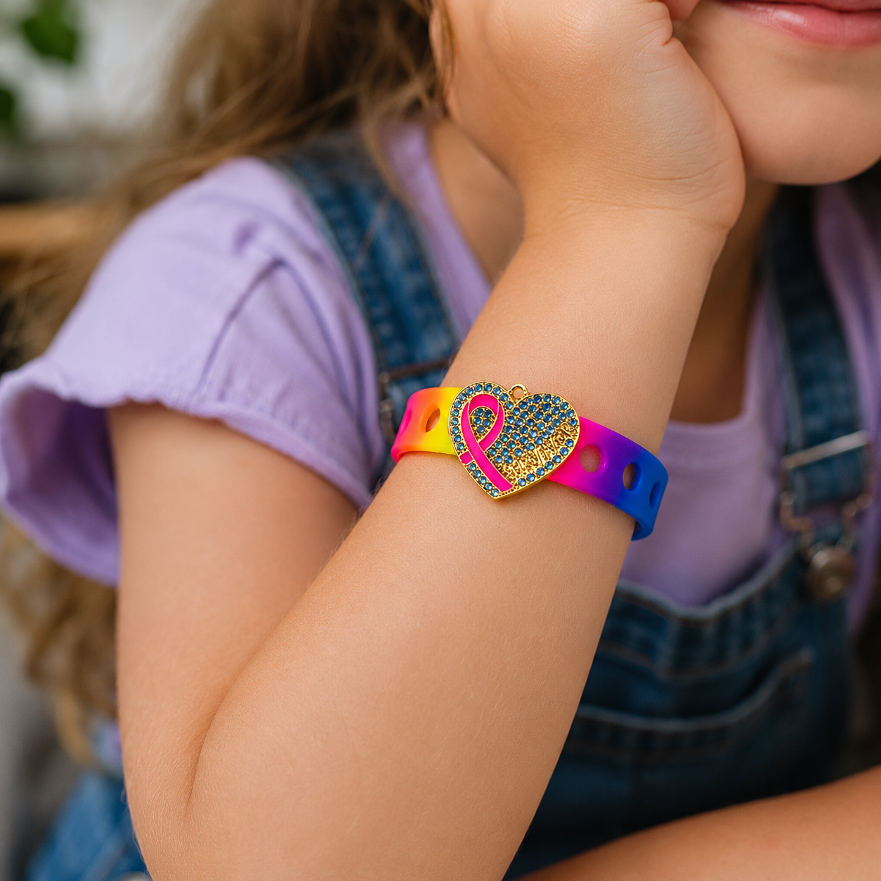 🎗️ Inspirational breast cancer awareness bracelet featuring a gold heart charm, pink ribbon design, and adjustable silicone wrap for everyday comfort.