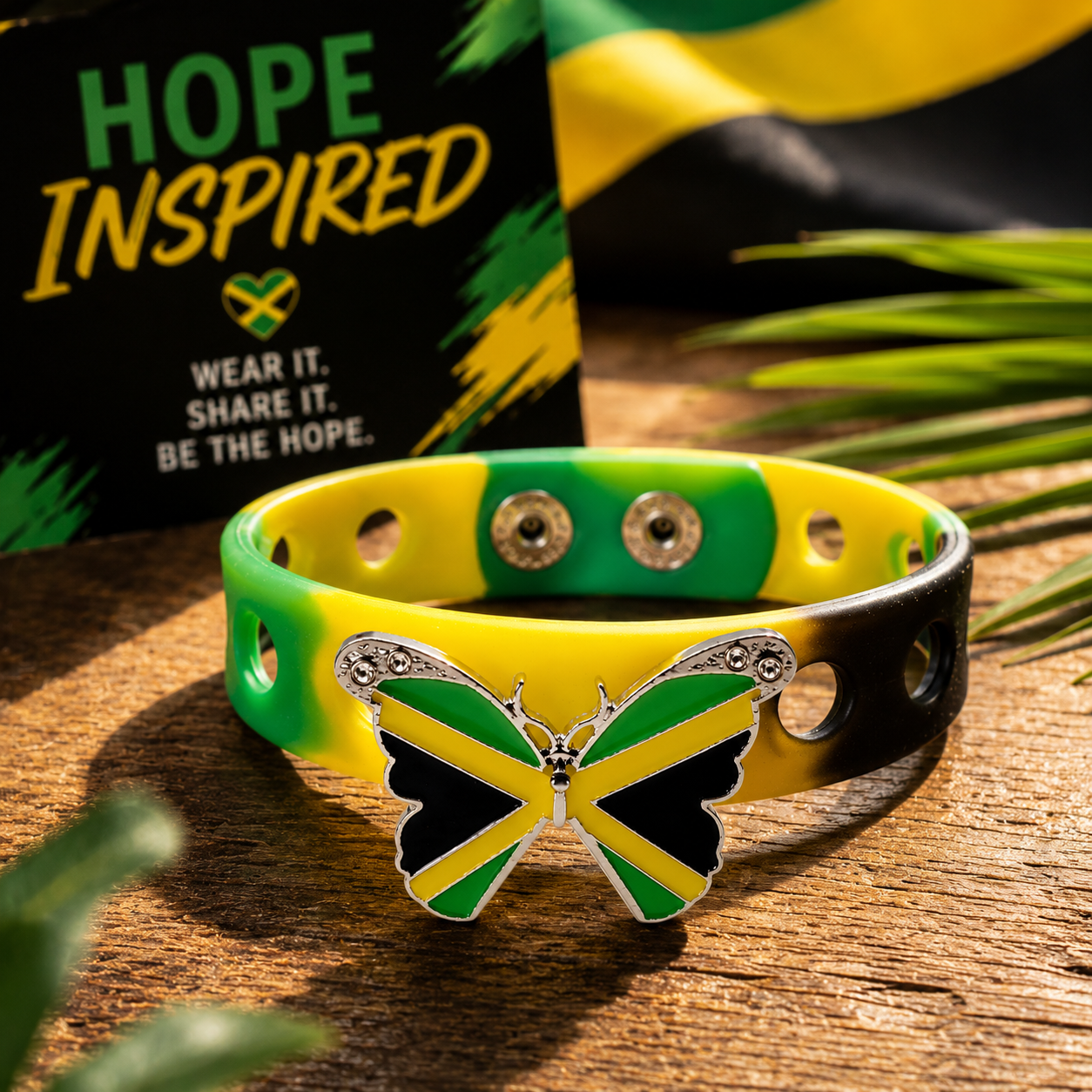 Jamaican-inspired butterfly bracelet featuring vibrant island colors and an adjustable silicone band. Perfect for everyday wear and tropical vibes.