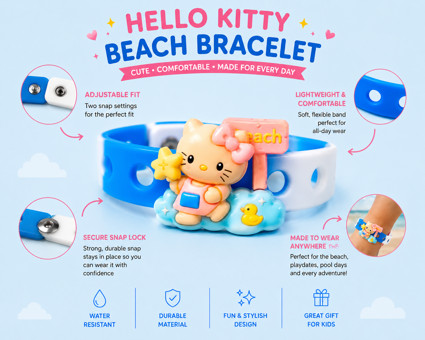 💙 Cute pastel charm bracelet with adjustable silicone band perfect for kids, gifts, beach vibes & everyday kawaii fashion ✨