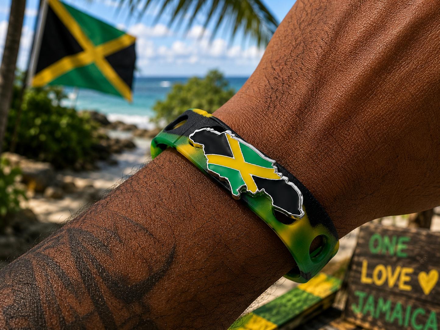 Celebrate Jamaican heritage with the One Love Legacy Bracelet. Featuring a Jamaica-shaped flag emblem and iconic island colors, this bracelet represents unity, culture, and pride.