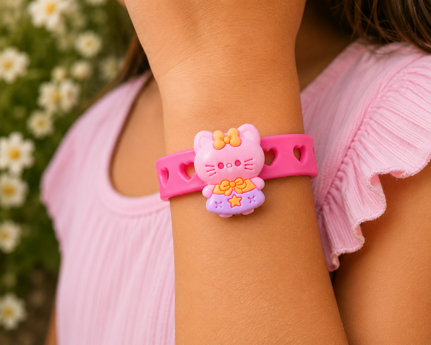 🎀 Cute pink kitty charm bracelet with heart cutouts, soft silicone band & adjustable fit. Perfect kawaii accessory for kids, gifts & everyday style!