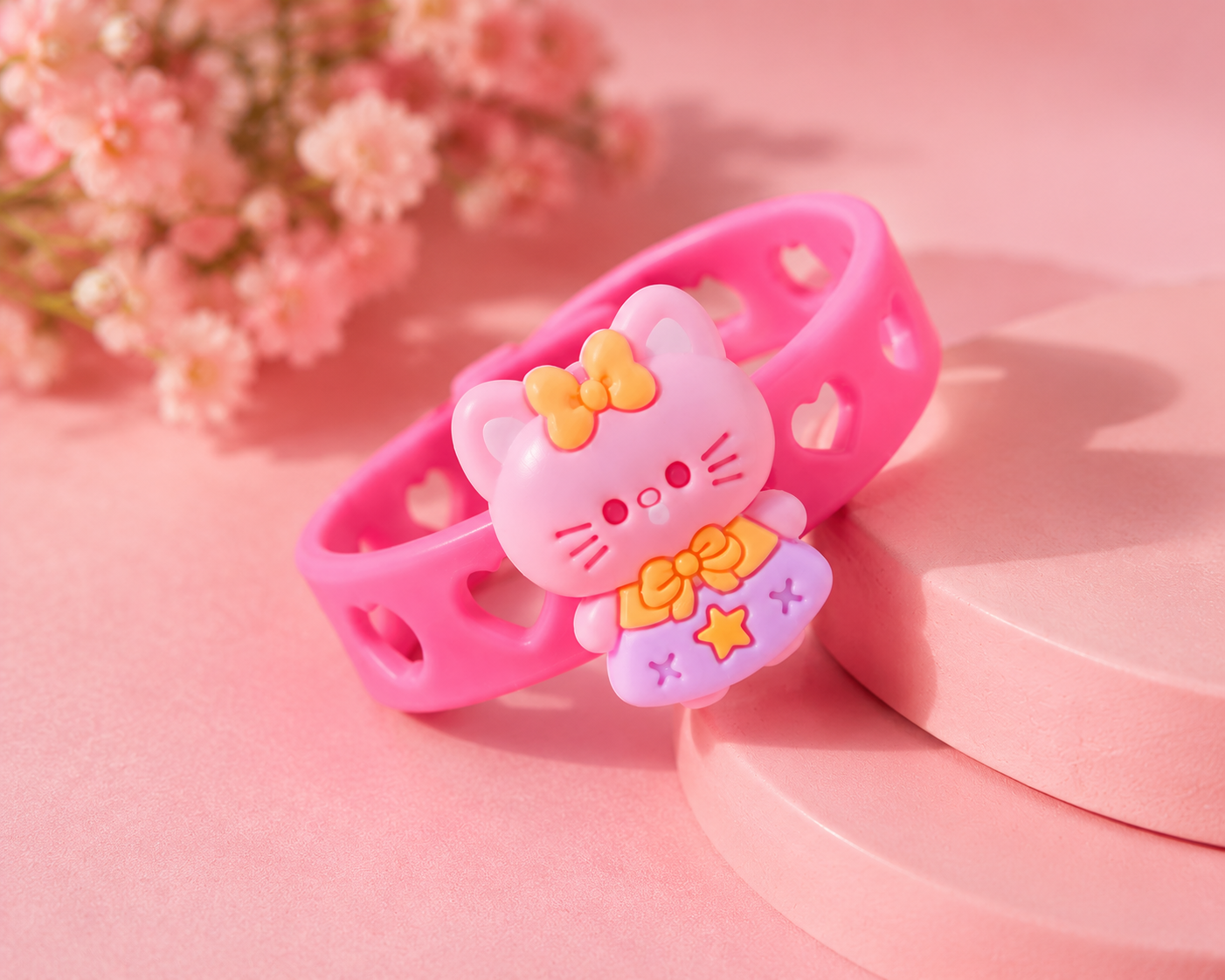 🎀 Cute pink kitty charm bracelet with heart cutouts, soft silicone band & adjustable fit. Perfect kawaii accessory for kids, gifts & everyday style!