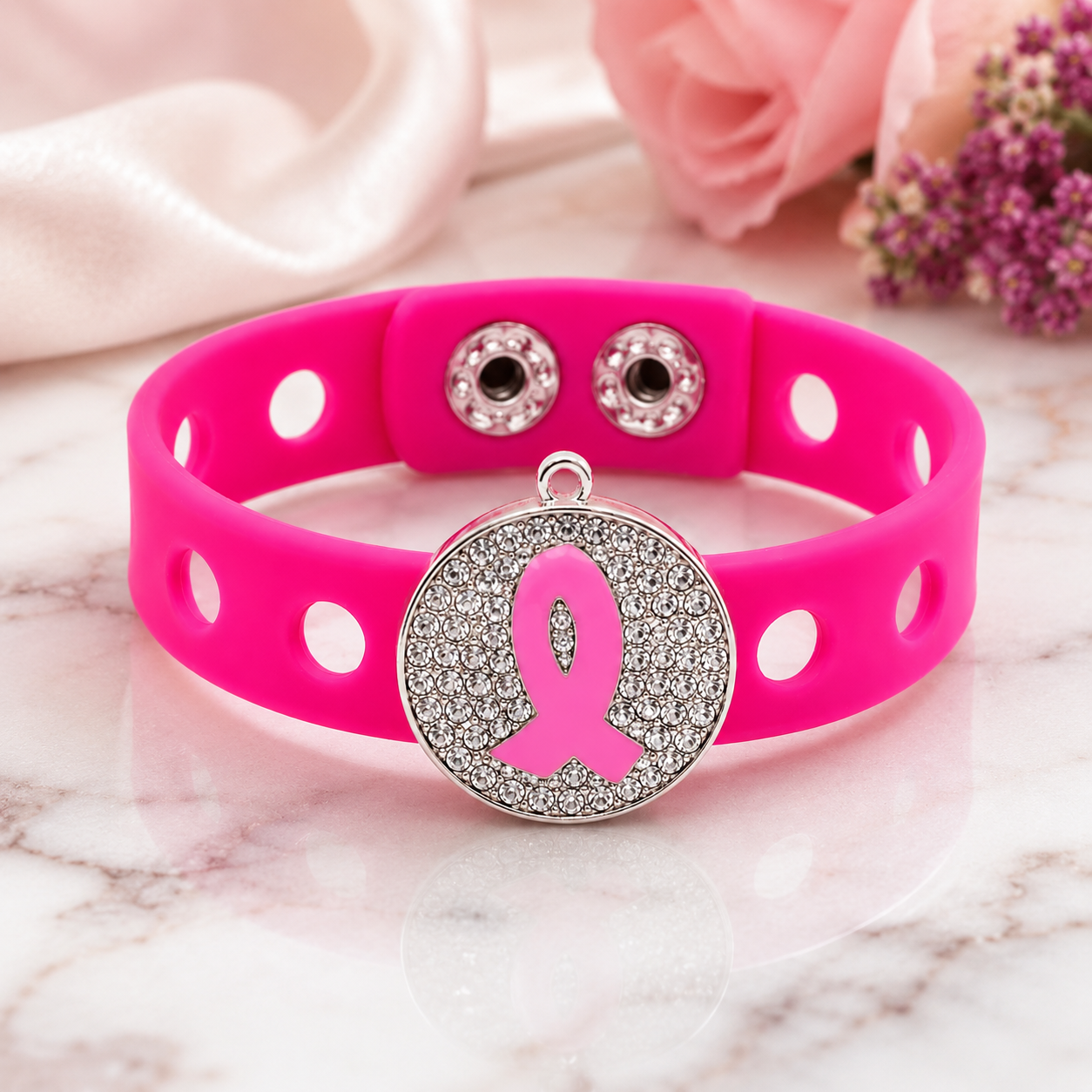 🎀 Stylish breast cancer awareness bracelet featuring a sparkling rhinestone ribbon charm and vibrant pink adjustable silicone band.