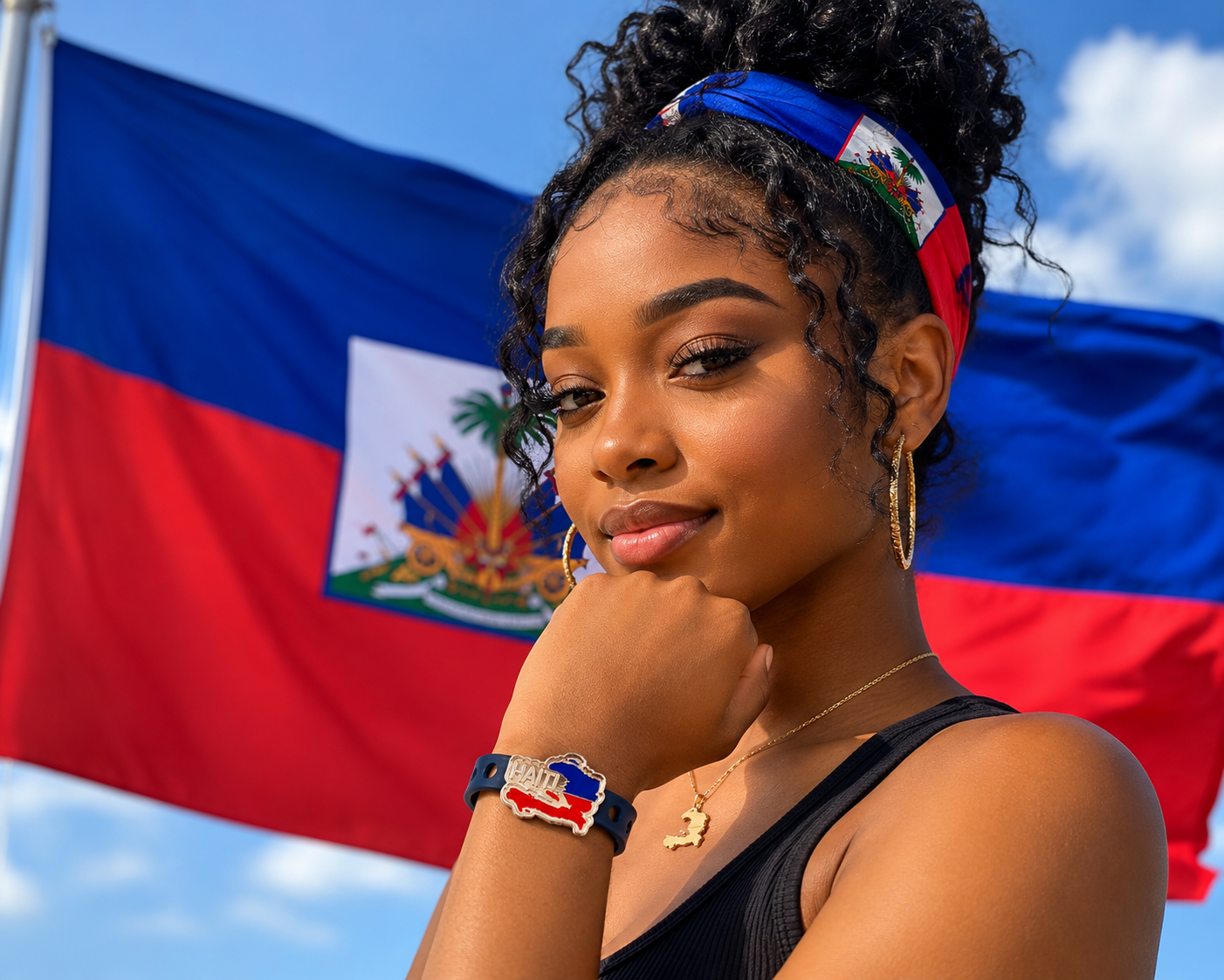 Stylish Haiti-inspired bracelet featuring a bold heritage charm and adjustable navy silicone band. Lightweight, meaningful, and perfect for everyday wear.