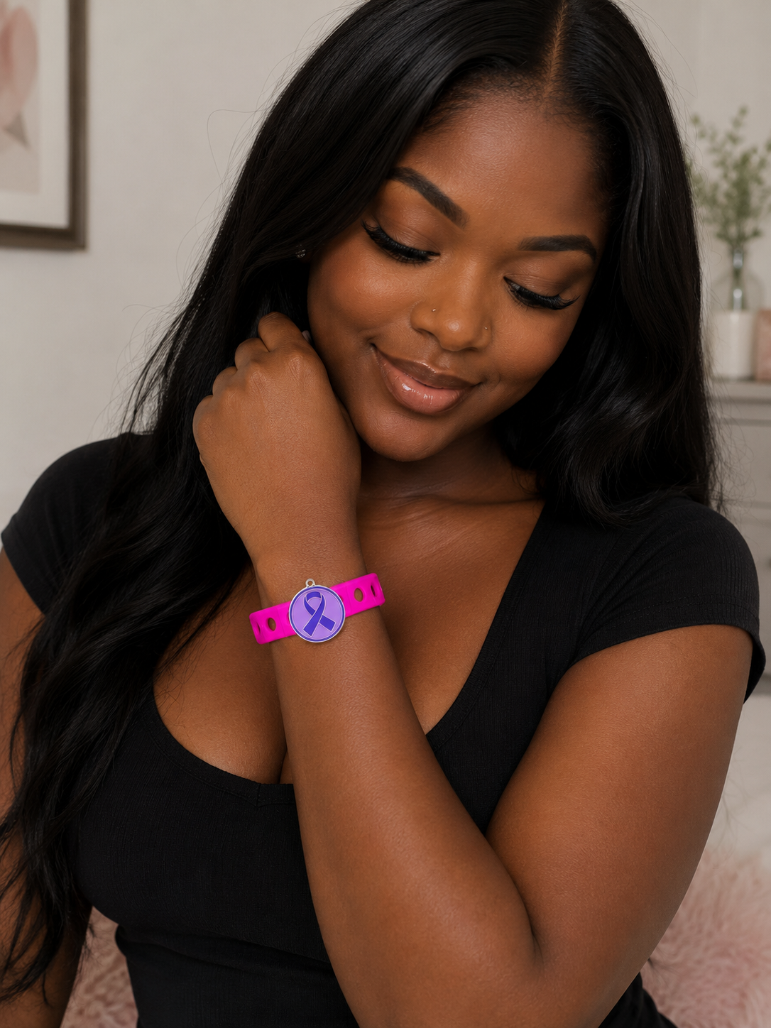 💜 Stylish pink silicone awareness bracelet featuring a purple ribbon charm. Lightweight, adjustable, and perfect for everyday inspiration and support.
