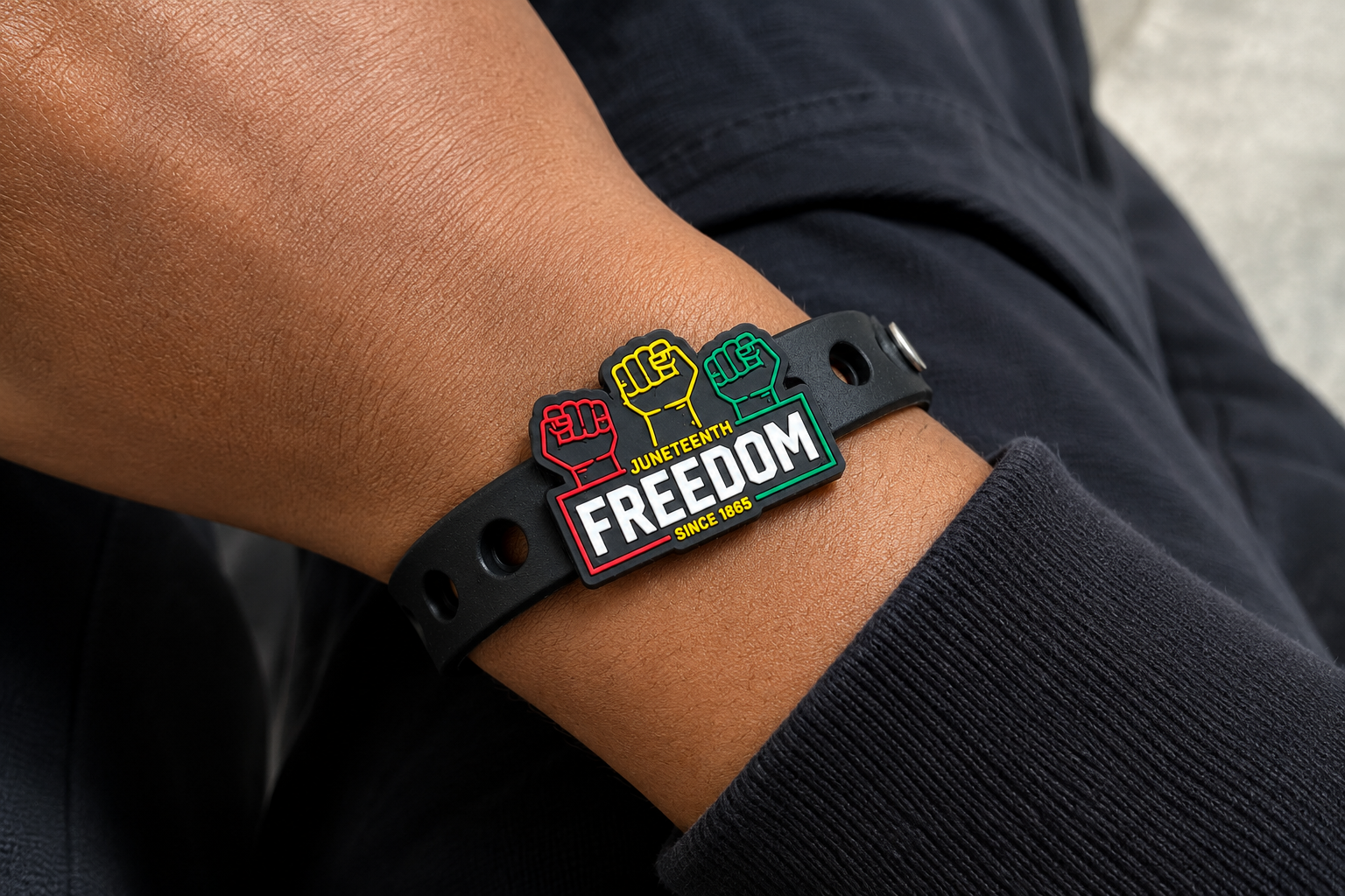 🖤 Bold Juneteenth-inspired bracelet featuring raised fist symbols and “Freedom Since 1865” on a sleek black silicone band celebrating heritage, unity, and Black excellence.
